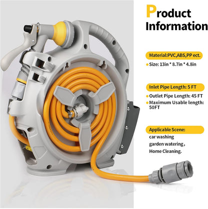 Kitness Mini Retractable Garden Hose Reel, Portable Simple Home 45+5 FT Hose Reel with 7 Adjustable Patterns Spray Nozzle&Standard Connector, Watering Hose Reel for Gardens Yards and lawns (Orange)
