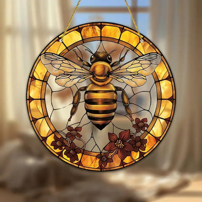 7.9inch Bee Suncatcher for Window Hanging,Floral Acrylic Suncatcher with Chain Window Decor for Home,Indoor, Garden, Housewarming Round Ornament, Gift for Women Friend