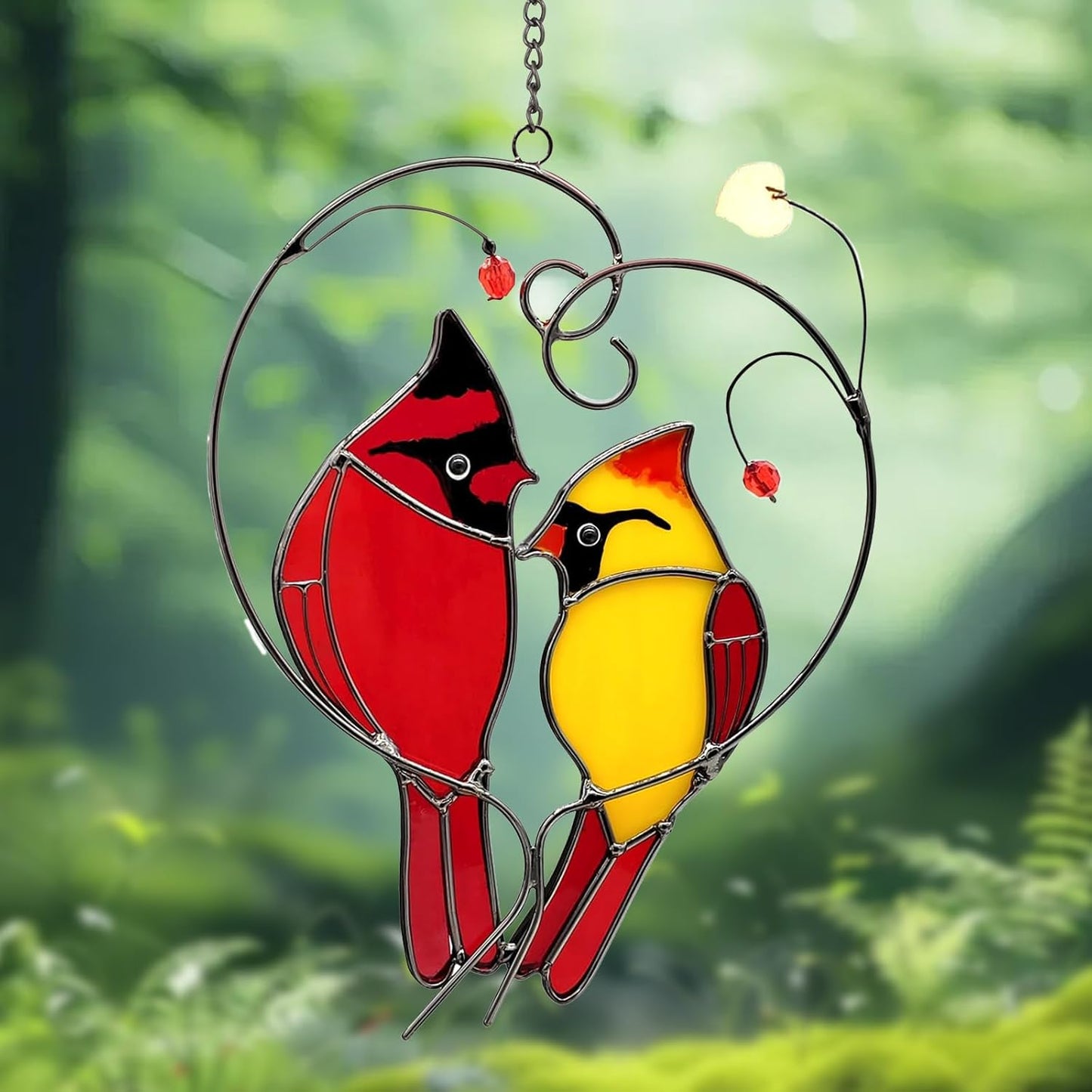 Cardinal Suncatchers Stained Glass for Windows Hangings,Male & Female Cardinal Stained Glass Sun Catchers, Red Love Birds Home Ornament,Gifts for Women