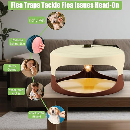 Flea Trap 4 Packs-Flea Traps for Inside Your Home, Friendly Light Trap for Indoor & Garage with 12 Sticky Disc 12 Bulbs 4 Electric Wires Bed Bug with Light for Indoor Safe to Pets & Human (Brown)