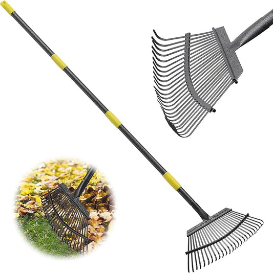 Rake, 65 Inch Long Garden Rake, 25 Tines 18 Inch Wide Heavy Duty Metal Leaf Rakes for Leaves Shrub, Yard Thatching Rakes with Adjustable Long Handle for Wees,Debris, Leaves,Grass
