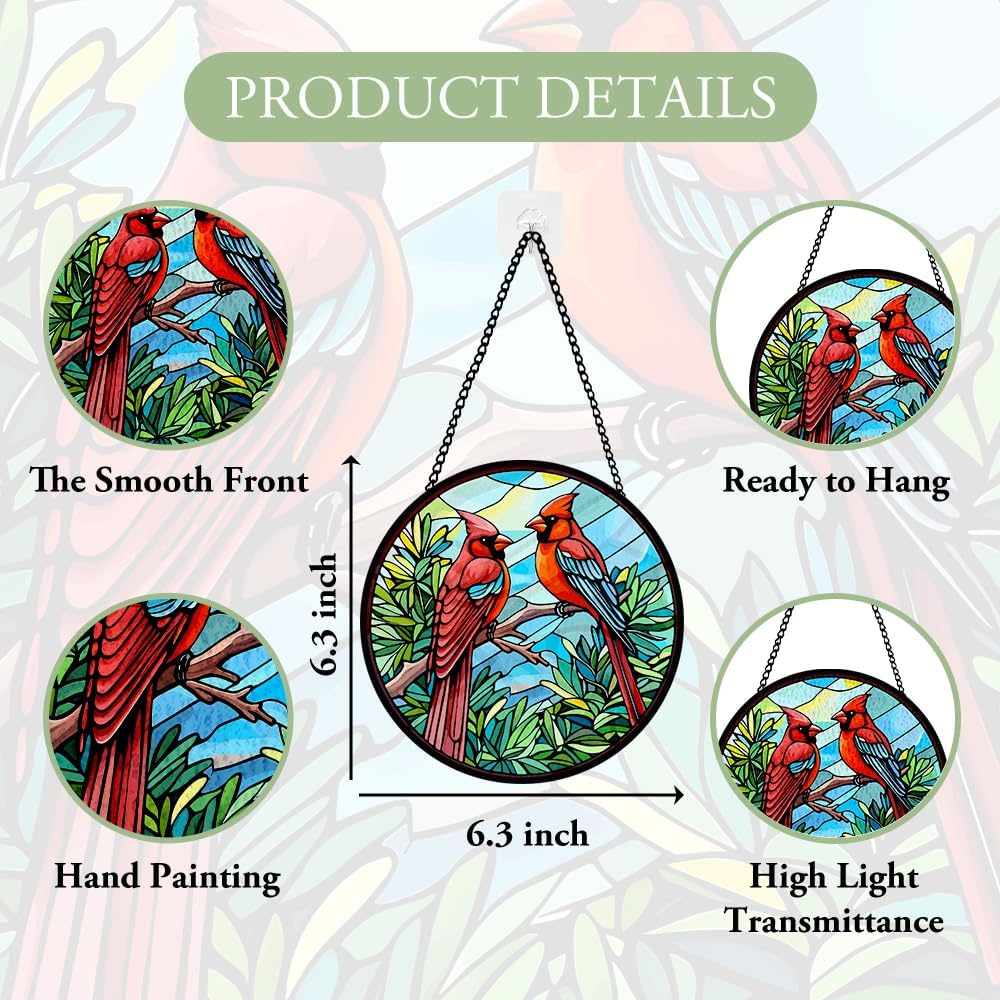 Red Bird Stained Glass Window Hanging, Red Sun Catcher for Window, Botanical Hanging Ornament to Express Sympathy, Bird Bloom Ornament for Wall, Home Decoration, Sympathy Ornament Gifts for Women Men