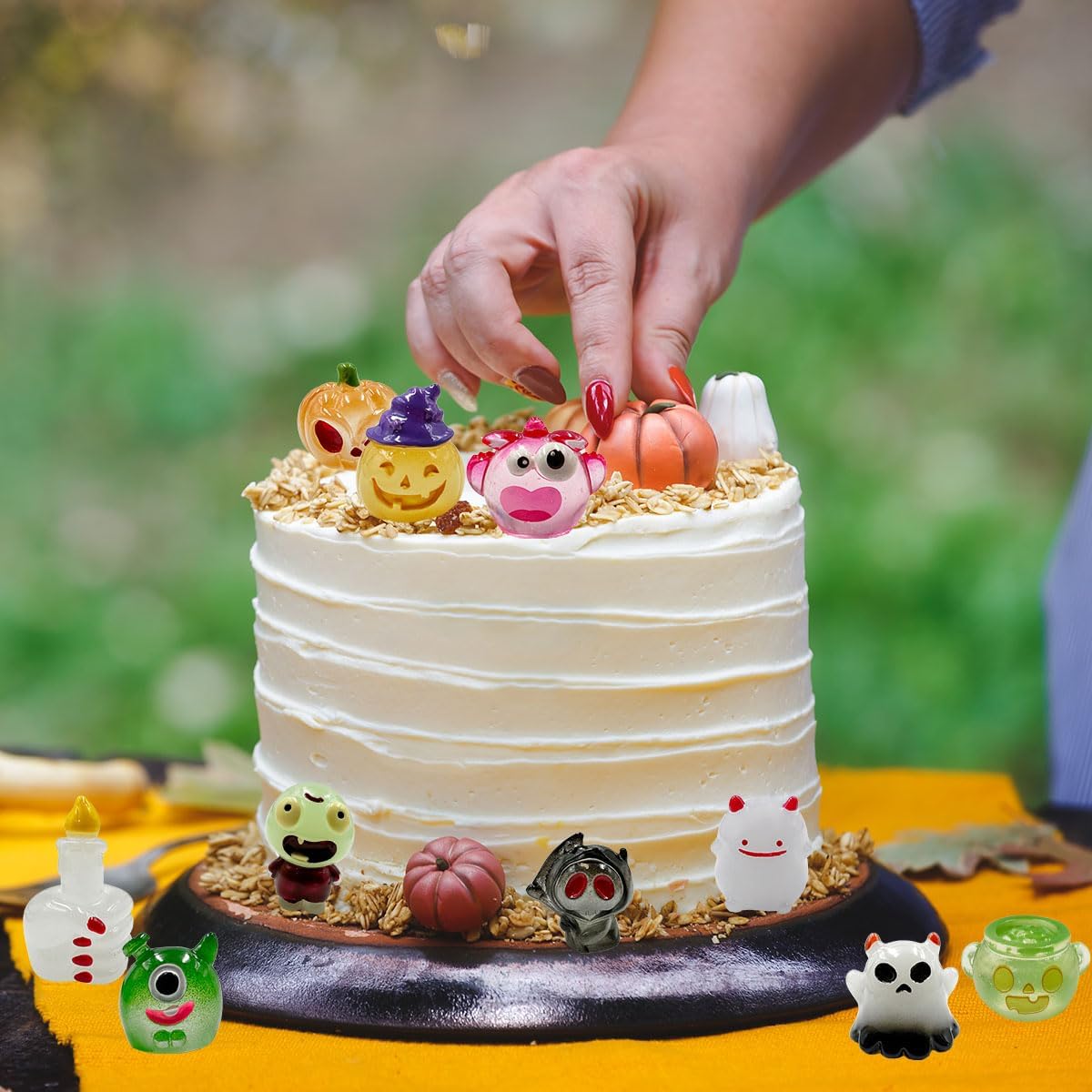 Suartus Halloween Mini Resin Figures 39 Styles Tiny Resin Figurines Kit to Hide Cute Pumpkin Ghost Skull Luminous Miniature Figures Bulk for Halloween Party Favors Outdoor Garden Landscape Decor