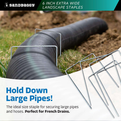 Sandbaggy 6" Wide Landscape Staples - Extra Heavy Duty: 7 Gauge Galvanized Steel - Hold Down Pipes, Landscape Fabric, Ground Cover, Erosion Control Netting, Sod, & Turf (100, 6" W x 8" L)