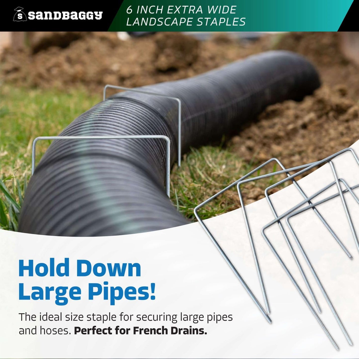 Sandbaggy 6" Wide Landscape Staples - Extra Heavy Duty: 7 Gauge Galvanized Steel - Hold Down Pipes, Landscape Fabric, Ground Cover, Erosion Control Netting, Sod, & Turf (600, 6" W x 8" L)