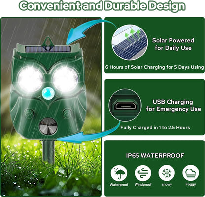 [2025 Upgrade] Solar Animal Repellent Outdoor for Deer Squirrel Mole Rabbit Cat Skunk Bird Raccoon Dog, Waterproof Ultrasonic Pest Repeller with Motion Detector and LED for Yard Lawns Garden 1 Pack