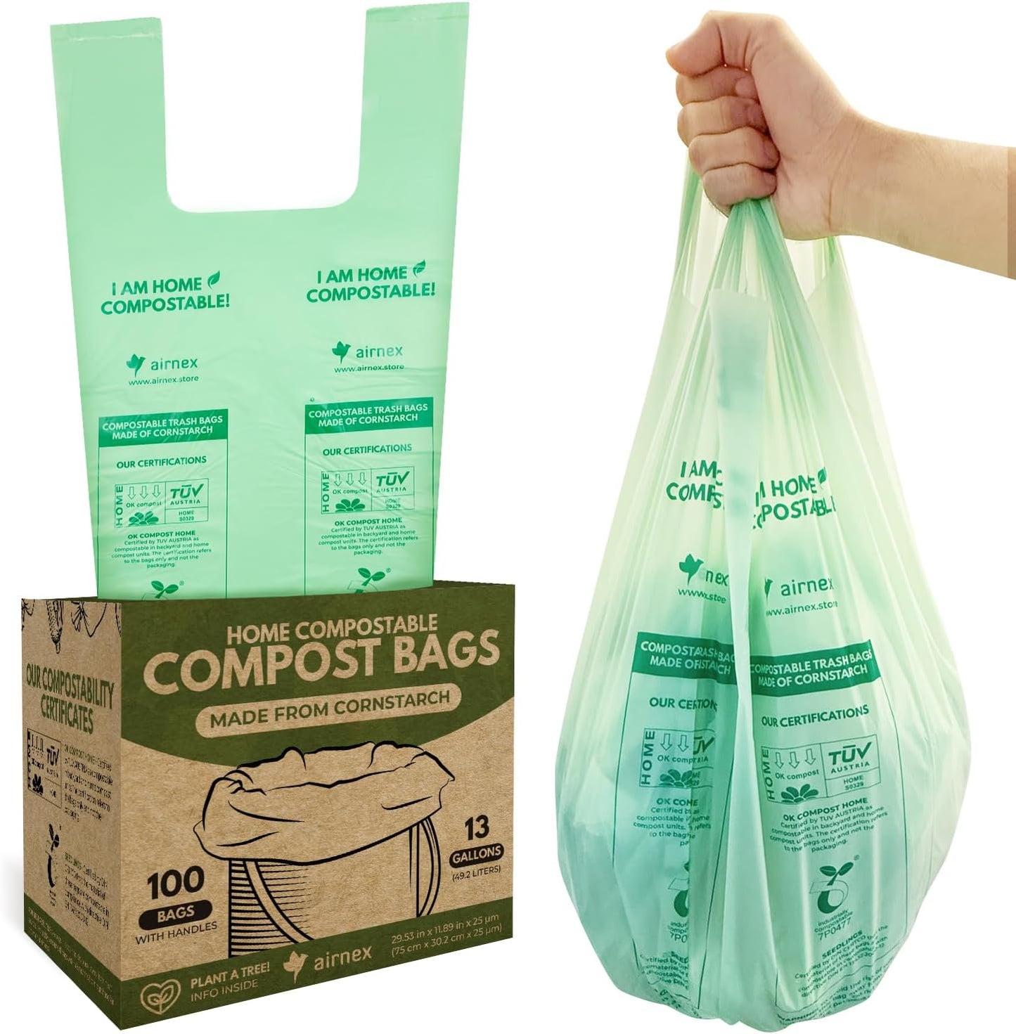 Compost Bags for Countertop Bin -Compostable Trash Bags made of Cornstarch - Leakproof & Tear Resistant Biodegradable Trash Bags - OK Compost Home & Seedlings Certified (13 Gallon, 100 Count)