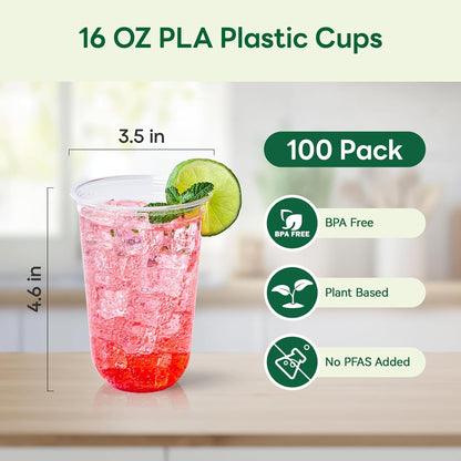 Vplus 16 oz Compostable Clear Plastic Cold Cups, 100 Pack Biodegradable Disposable Cups, BPA & PFAS Free, Plant-Based Plastic Cups for Juice, Wine, Parties, Weddings, and Everyday Use