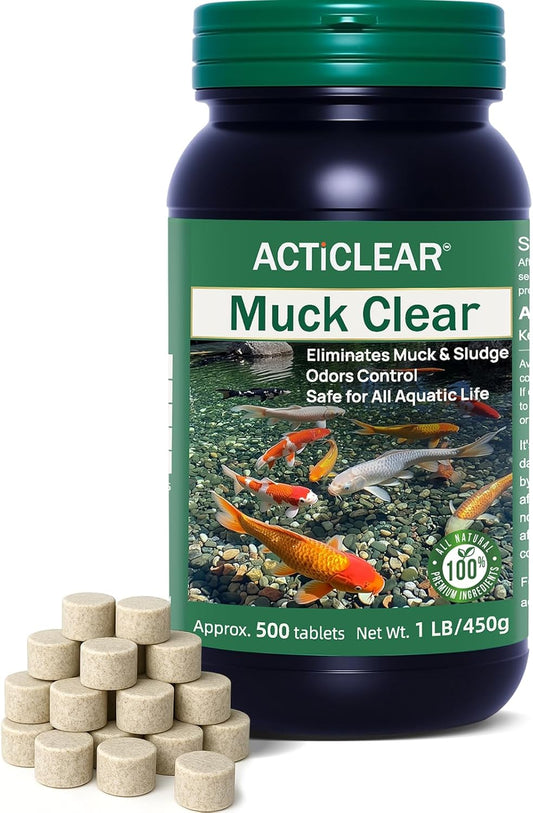 Muck Clear – Natural Pond Sludge Treatment, 500 Tablets for Ponds, Fountains & Bird Baths, Beneficial Bacteria & Enzymes, Chemical-Free & Safe for Fish, Pets & Wildlife