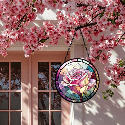 Pink Rose Stained Glass Window Hanging, Sun Catcher Panel Decorations for Window, Pink Bloom Ornam Decor, Flower Wall Hanging Ornament Decor, Glasswork Gifts for Mother, Bridal Shower, Housewarming