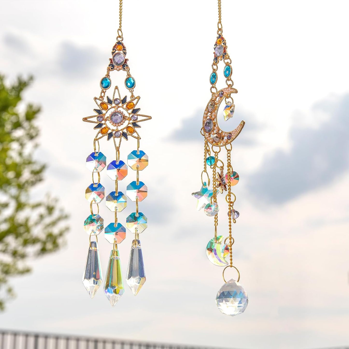 2 PCS Crystal Suncatcher,Colorful Sun&Moon Sun Catchers Indoor Window Hanging with Crystals Light Catcher Tree of Life Crystal Suncatchers Prism Hanging for Indoor Outdoor Home Garden Wedding Decor