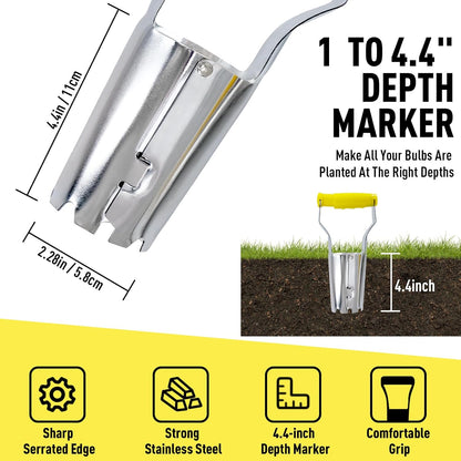 Jardineer Small Bulb Planter Tool– Compact Stainless Steel Transplanter for Bulbs, Seedlings & Flowers – Ergonomic Handle with Depth Markings – Silver & Black– Durable Garden Planting Tool