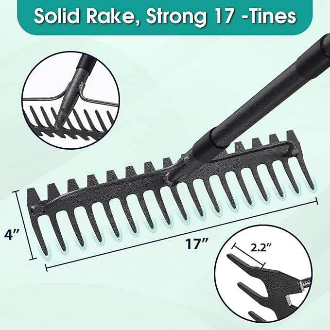 Garden Rake: 49" Metal Garden Leaf Rake with 17 Tines, Heavy Duty Bow Rakes for Lawn Yard Leaves Debris Mulch Gravel Thatch Clean,Lawn Care Gardening Landscaping