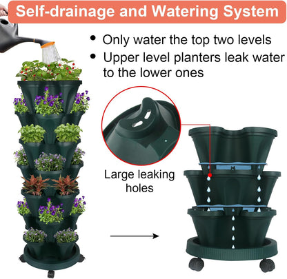 Vertical Planter 7 Tier Stackable Planters Garden Planters Strawberry Herb Flower and Vegetable Planter Indoor Outdoor Gardening Pots with Removable Wheels and Tools