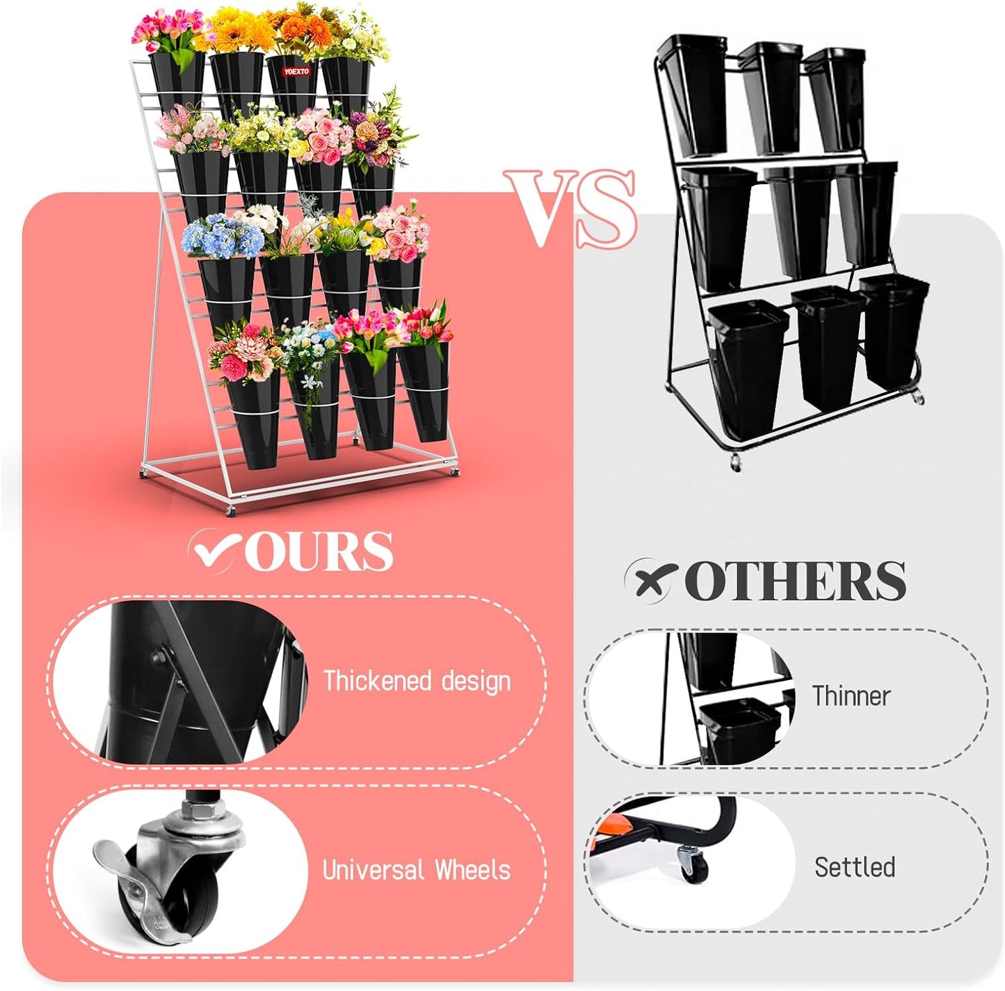 Flower Display Stand with Buckets, 4 Layers 16 PCS Buckets Plant Stand with Wheels, Movable Metal Plant Stand for Terrace Garden, Living Room, Florist Shop (White Frame - Black Buckets, 4-Tier)