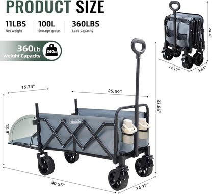 40'' Extra Long Collapsible Wagons Carts Foldable, 360LBS Foldable Wagon Cart with Wheels, Heavy Duty Portable Utility Wagon for Grocery, Shopping, Sports Garden & Camping - Gray