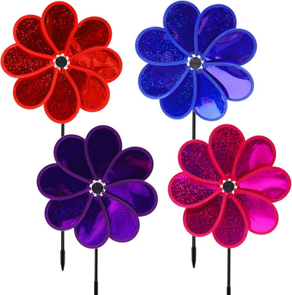4PCS Flower Wind Spinner Sparkly Lawn Pinwheel 11.8 inch Colorful Rainbow Garden Windmill for Garden, Party, Outdoor, Yard Decor