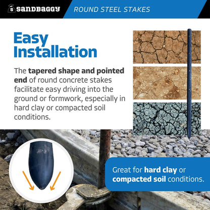 Sandbaggy Round Steel Concrete Form Stakes with Nail Holes - Rust Resistant Coating - Removable, Reusable (1000, 3/4 in X 18 in)