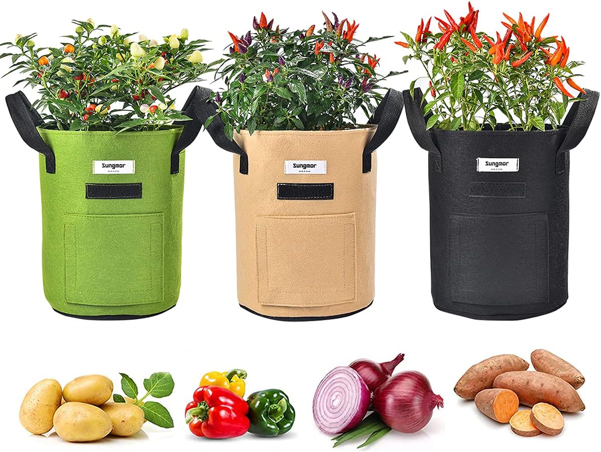 Sungmor 3PC Large Fabric Pots, Grow Bags for Plants 10 Gallon Patio Garden Bags Cloth Pots, Heavy Duty Thick Non Woven Planters Flower Pots Gardening Planting Bags for Flowers Vegetables Pepper Plants