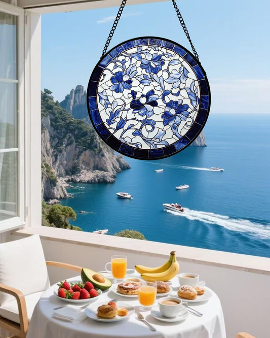 Stained Glass Window Hanging, Blue and White Abstract Flowers Sun Catcher for Door Home Decor