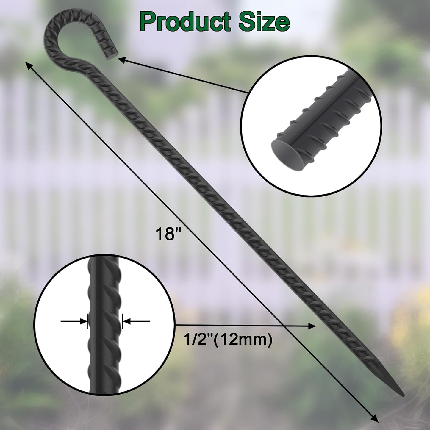 18 Inch Rebar Stakes with Loop 12 Pack Camping Tent Ground Anchors Heavy Duty 1/2 Inch Diameter Metal Tree Stakes and Supports for Leaning Trees, Dog Tie Out Stake, Garden Rope Fence Stakes, Black