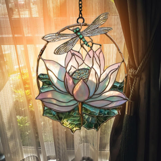 Dragonfly Lotus Acrylic Suncatcher Stained Glass Effect Window Car Hanging Christmas Ornament