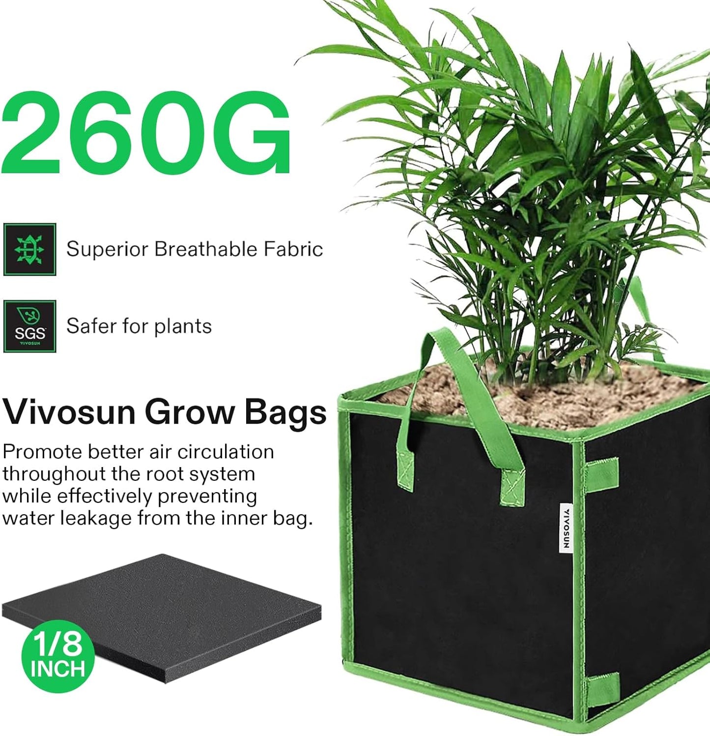 VIVOSUN 5 Pack 10 Gallon Square Grow Bags, Thick Nonwoven Cubic Fabric Pots with Handles for Indoor and Outdoor Gardening