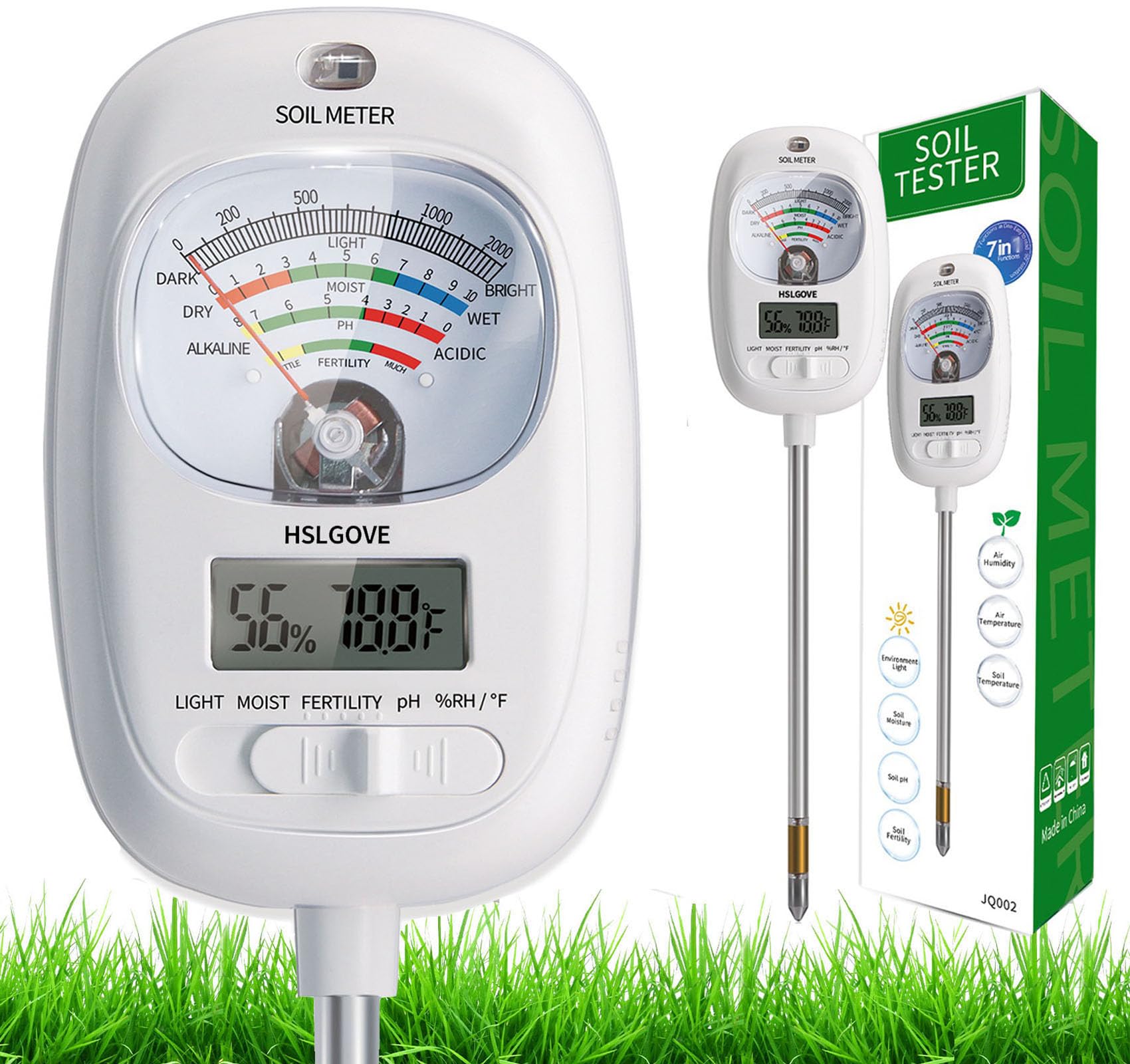 HSLGOVE Soil Test Kit, 7-in-One Soil Moisture Meter/Soil PH Meter/Fertility, Dual Screen Soil