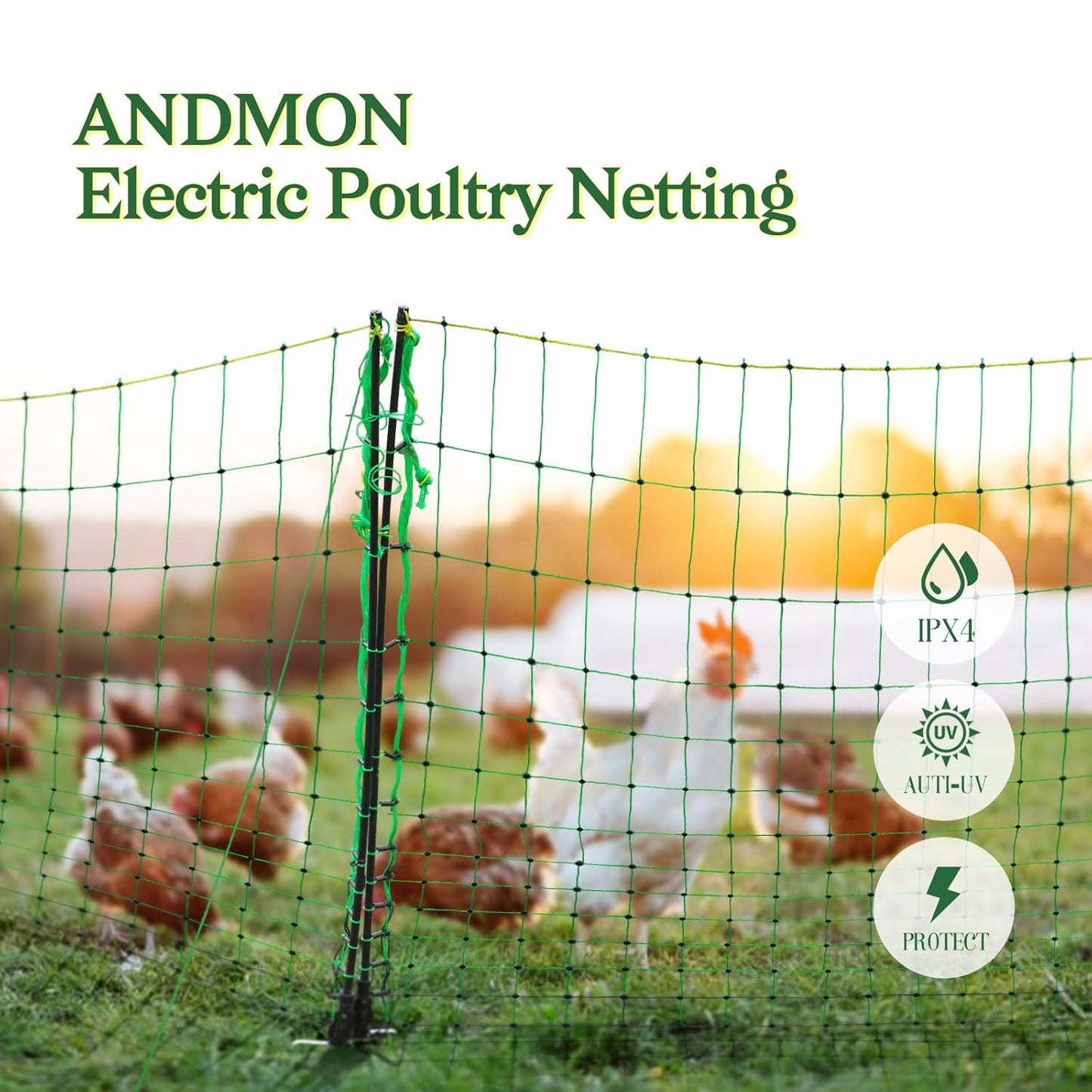 ANDMON Electric Poultry Netting, 48" x 164' Electric Fence Netting with Double Spiked Fiberglass Posts, Electric Chicken Fence for Poultry in Backyards, Homesteads, Farms and Ranches