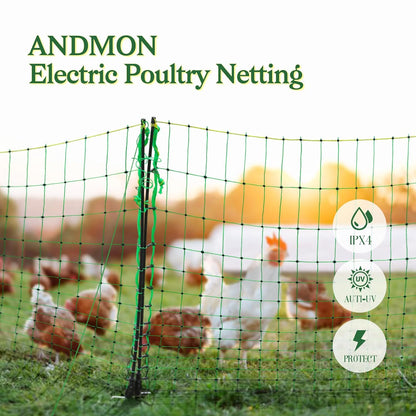 ANDMON Electric Poultry Netting, 48" x 164' Electric Fence Netting with Double Spiked Fiberglass Posts, Electric Chicken Fence for Poultry in Backyards, Homesteads, Farms and Ranches