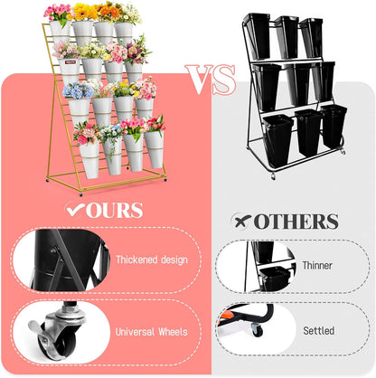 Flower Display Stand with Buckets, 4 Layers 16 PCS Buckets Plant Stand with Wheels, Movable Metal Plant Stand for Terrace Garden, Living Room, Florist Shop (Gold Frame - White Buckets, 4-Tier- 16 Buckets)