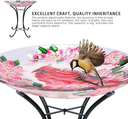 MUMTOP Outdoor Glass Birdbath with Metal Stand for Outside Lawn Yard Garden Cardinal Decor,18??Dia/21.65 Height