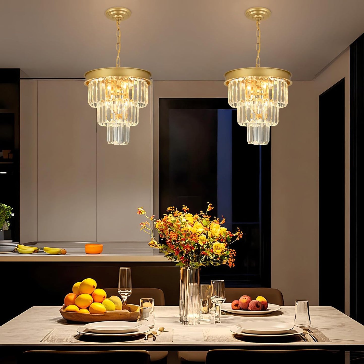 Crystal Chandeliers for Dining Room Light Fixtures Over Table，4-Lights Modern Gold Crystal Pendant Lighting Fixture，3 Tiers Small Chandeliers for Kitchen Island Bedroom Entryway D12 Inch