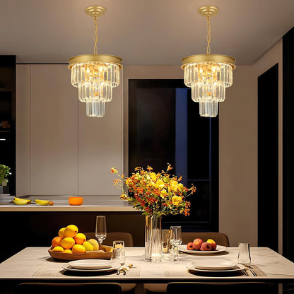 Crystal Chandeliers for Dining Room Light Fixtures Over Table，4-Lights Modern Gold Crystal Pendant Lighting Fixture，3 Tiers Small Chandeliers for Kitchen Island Bedroom Entryway D12 Inch