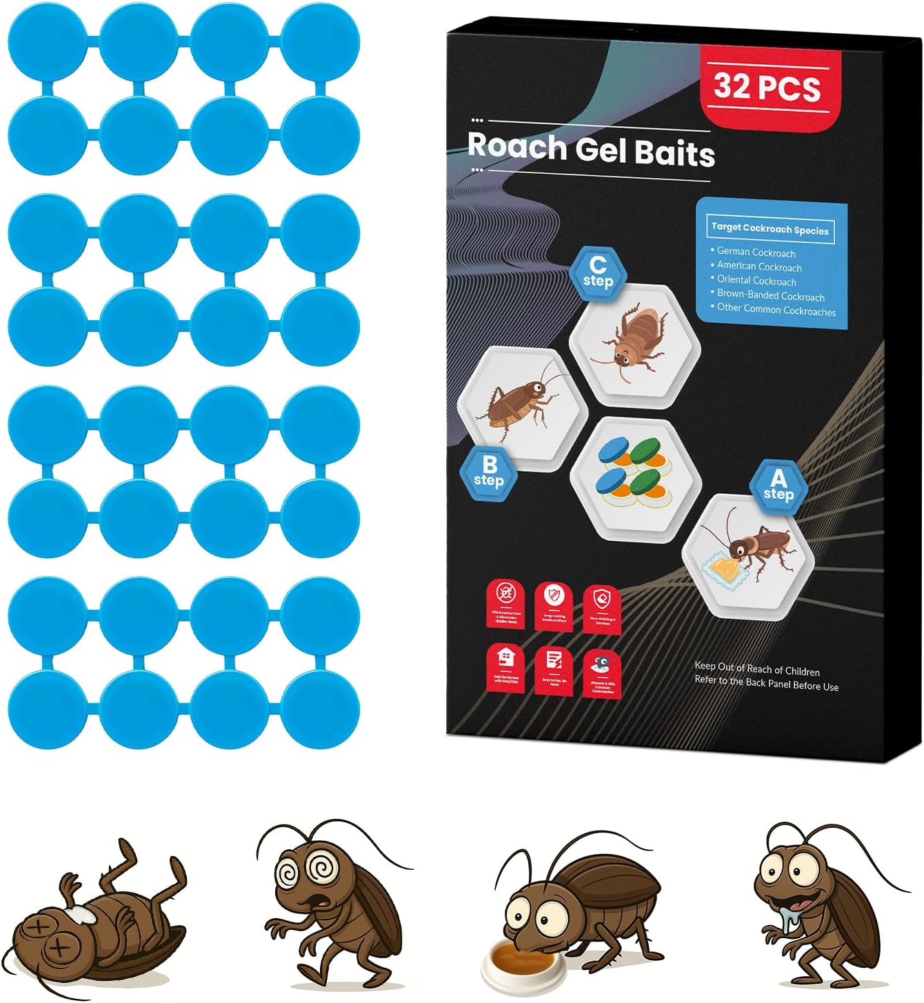 32 Pack Roach Killer Indoor Infestation Roaches Gel Bait Stations, Powerful Cockroach Killer Indoor Home for Roach Infestation, Long-Lasting & Effective Cockroach Gel Bait, Easy to Use & No Mess