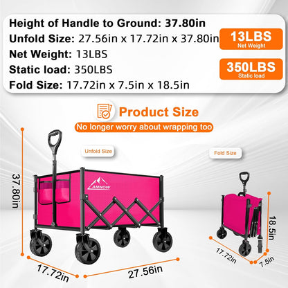 Collapsible Folding Wagon Cart, 350LBS Utility Large Capacity Cart Foldable Wagon with All Terrain Wheels, Grocery Wagons Carts for Garden Shopping Sports Camping, Rose