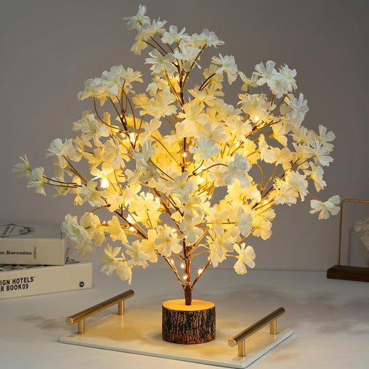 Lighted Cherry Blossom Tree Artificial, 19 Inch Faux Bonsai Tree Japanese Decor, Battery Operated Floral Desktop Tree for Indoor Home Spring Summer Easter,White