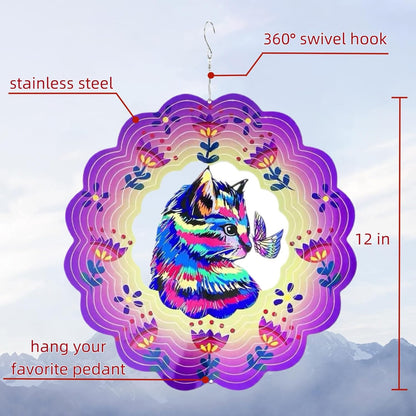 Metal Wind Spinners Outdoor Hanging Wind Spinner for Yard and Garden Decor for Outside-12In 3D Stainless Cat Steel Wind Chime Gifts for Women Mom