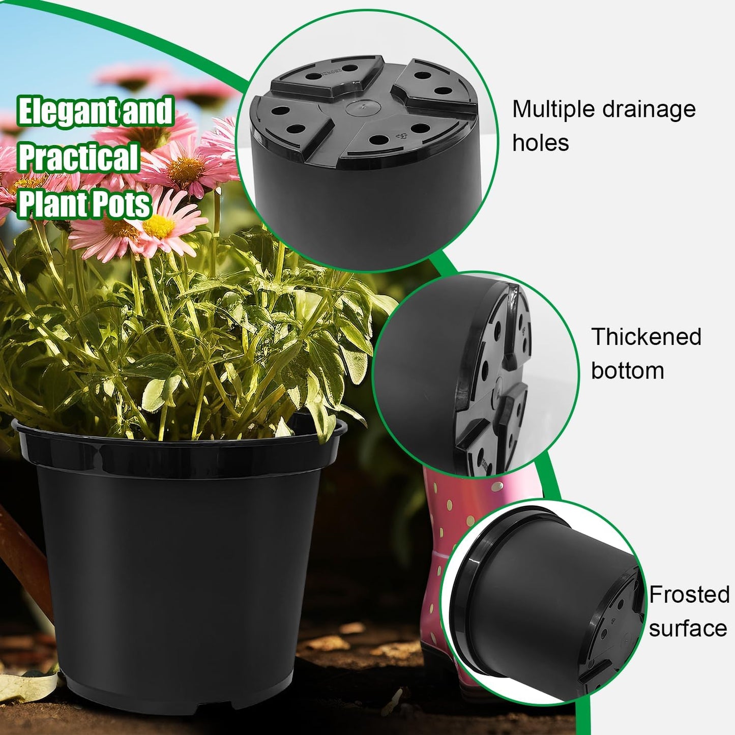5 Gallon Nursery Pots 10-Pack, 12 Inch Plastic Planter with Drainage Holes – Round, Sturdy, Deep Design for Indoor/Outdoor Plants