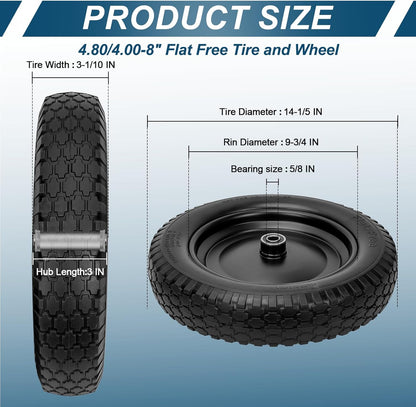 4.80/4.00-8" Flat Free Tire and Wheel 14.5" Solid Flat-Free Replacement Tire with 5/8"& 3/4" Axle Borehole, Adjustable Centered Hub 3-7" for Wheelbarrow Garden Trailer and Trolley by Cenipar