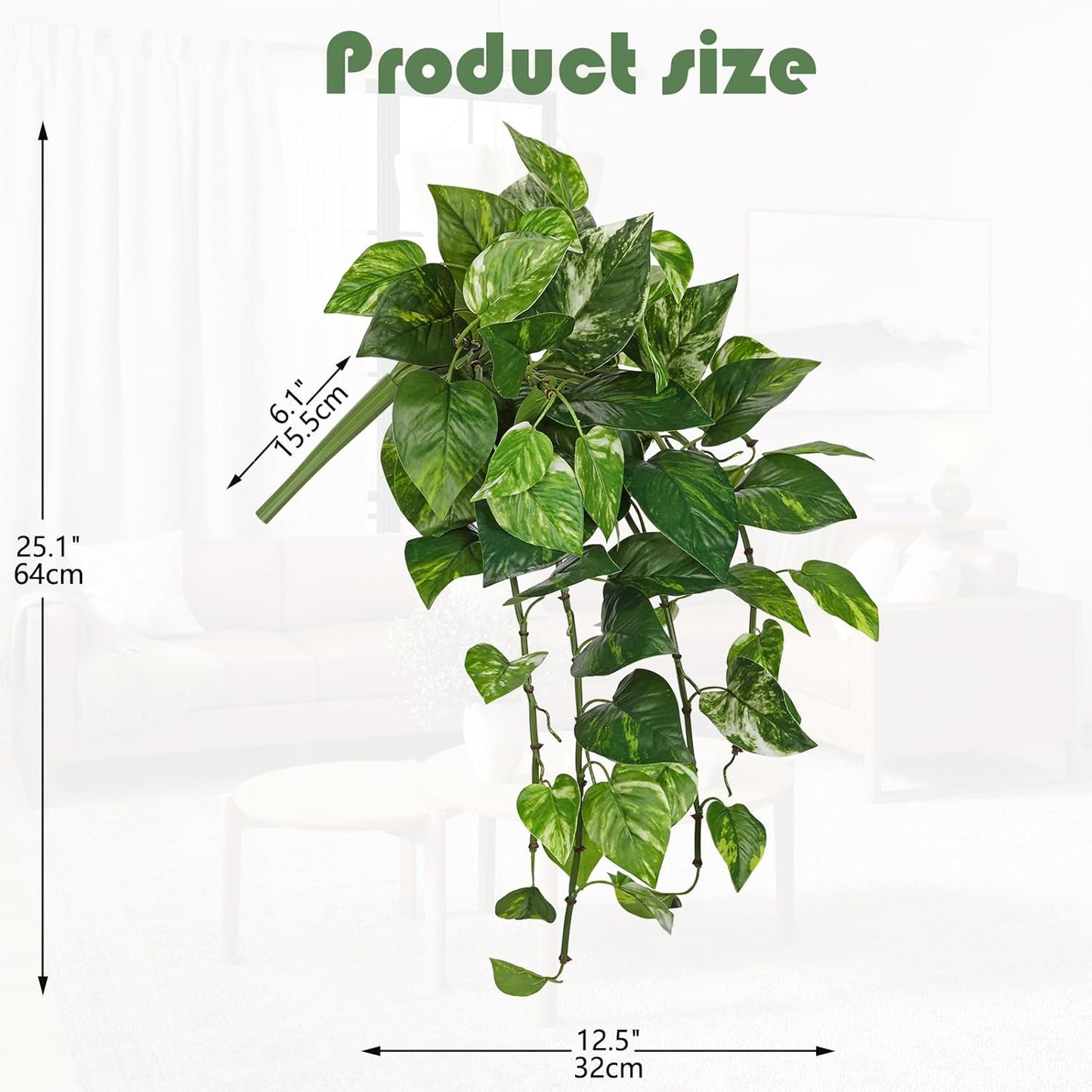 Hollyone Artificial Pothos Hanging Plants 25" Fake Ivy Vine Faux Ivy Pothos Leaves Hanging Plant Greenery for Wall House Room Patio Indoor Outdoor Home Shelf Office Wedding Decor
