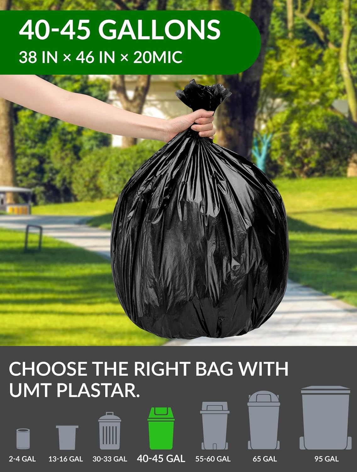 150 Count Heavy Duty Black Trash Bags, 40-45 Gallon, 38x46 Inches, 20 Micron Thick Large Garbage Bags
