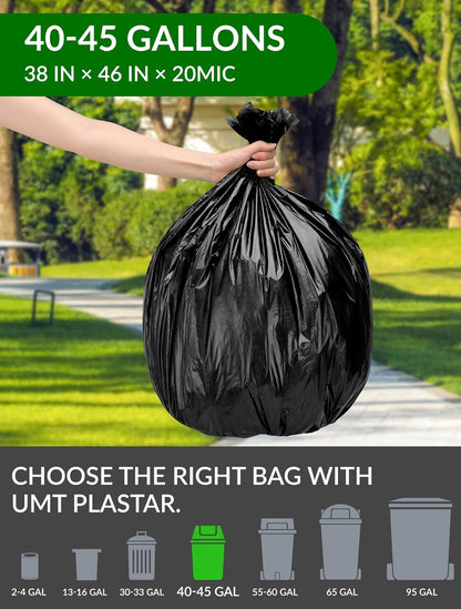 150 Count Heavy Duty Black Trash Bags, 40-45 Gallon, 38x46 Inches, 20 Micron Thick Large Garbage Bags