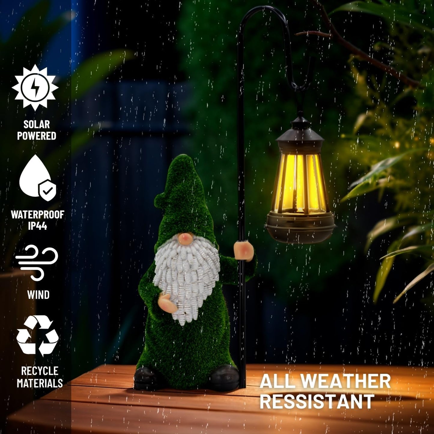 Garden Gnome with Solar Lantern, Grass-Like Flocked Hat, Outdoor Garden Figurine Lights, Unique Gift for Women, Mom, Friends (Green Flocked Gnome)