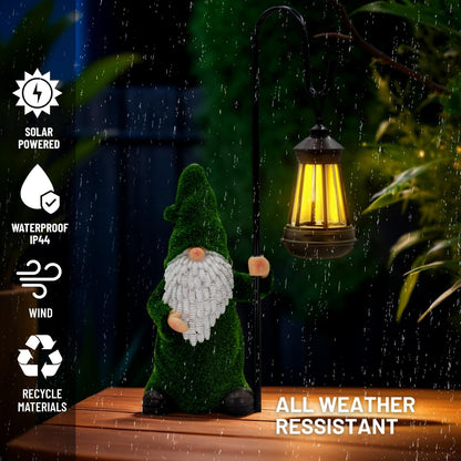 Garden Gnome with Solar Lantern, Grass-Like Flocked Hat, Outdoor Garden Figurine Lights, Unique Gift for Women, Mom, Friends (Green Flocked Gnome)