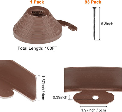 Garden Edging - 100 Feet Plastic Landscaping Edging Border with 93 Pack Spikes Apply to Flower Beds/Grass Lawn/Yard (1.57Inches Tall, Brown)