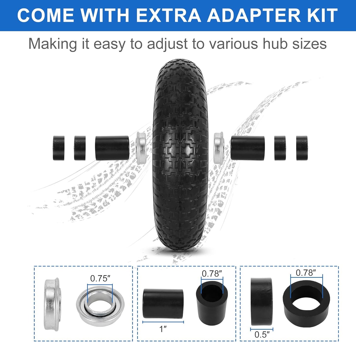 14.5" Flat Free Wheelbarrow Wheels and Tires, 3.50-8" Flat-Free Solid Tire with 5/8" Axle Bore Hole for Wheelbarrow Lawn Mover Trolley Dolly Go Kart Replacement