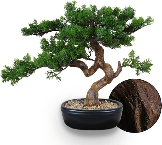 Artificial Bonsai Tree 16" Tall with Realistic Wood and Ceramic Pot Fake Plants Cypress Juniper Pine Zen Faux Plants for Home Bedroom Office Bathroom Japanese Decor