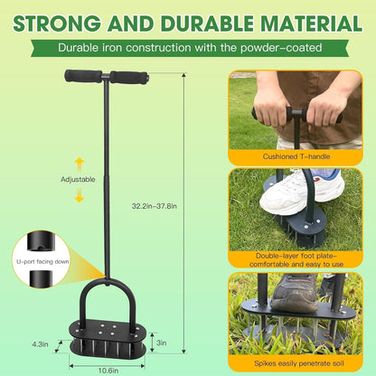 Lawn Aerator Spikes Aerating Tool, Manual Aeration Tools with Padded T-Handle, Wide Foot Plate, 15 3 Inch Solid Steel Spikes, Yard Aerators for Lawn Yard & Garden