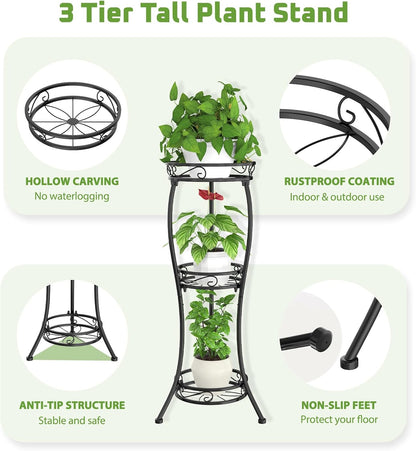 iDavosic.ly 3 Tier Tall Metal Plant Stand Indoor Outdoor, Wrought Iron Corner Flower Pot Holder Shelf, 34 Inch Vertical Display Rack for Patio Porch Living Room Garden, Black
